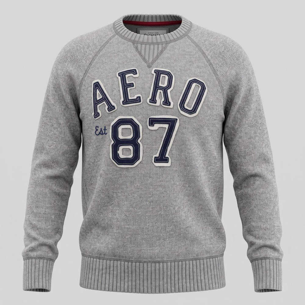 Aeropostale Mens Medium Gray Sweater Aero 87 Varsity Pullover Raglan Sleeve
